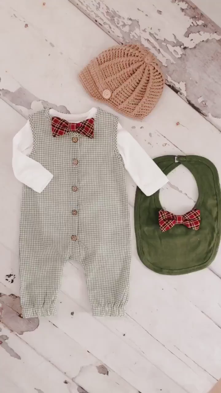 Christmas Holiday Baby Boy Green Gingham Jumpsuit Romper with Bow Tie Bodysuit Baby Boy Coming Home Outfit 1st Birthday Outfit Newsboy Hat