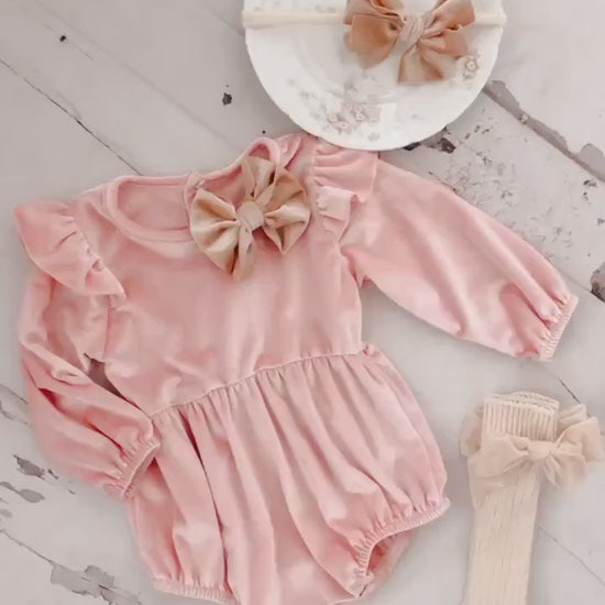 Baby Girl Pink Velvet Romper with Velvet Bow Clip, Headband, & Knee Bow So Christmas Holiday Thanksgiving Fall Outfit, Coming Home Outfit