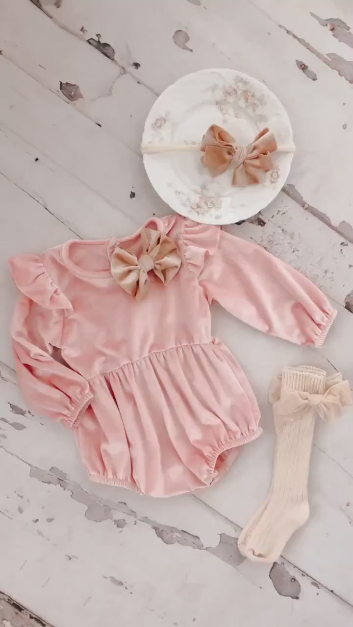 Baby Girl Pink Velvet Romper with Velvet Bow Clip, Headband, & Knee Bow So Christmas Holiday Thanksgiving Fall Outfit, Coming Home Outfit