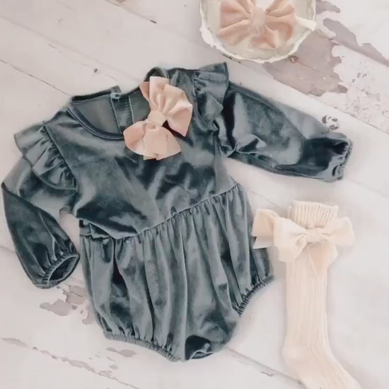 Christmas Velvet Romper. Baby Girl Boho Chic Blueish Green Velvet Holiday Outfit. Flower Girl, Baby Girl 1st Birthday, Coming Home Outfit