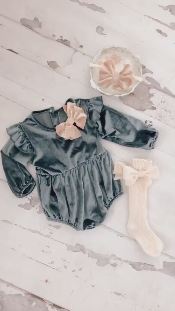 Christmas Velvet Romper. Baby Girl Boho Chic Blueish Green Velvet Holiday Outfit. Flower Girl, Baby Girl 1st Birthday, Coming Home Outfit