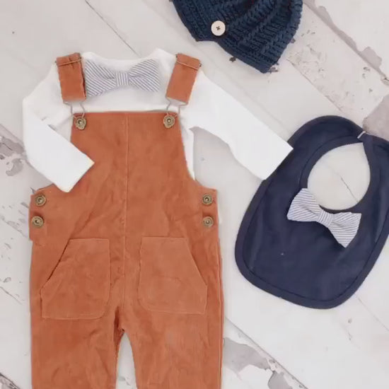 Thanksgiving Baby Boy Camel Corduroy Overalls & Seer Sucker BowTie Bodysuit 1st Birthday Newsboy Hat Pumpkin Spice Ginger Fall Autumn