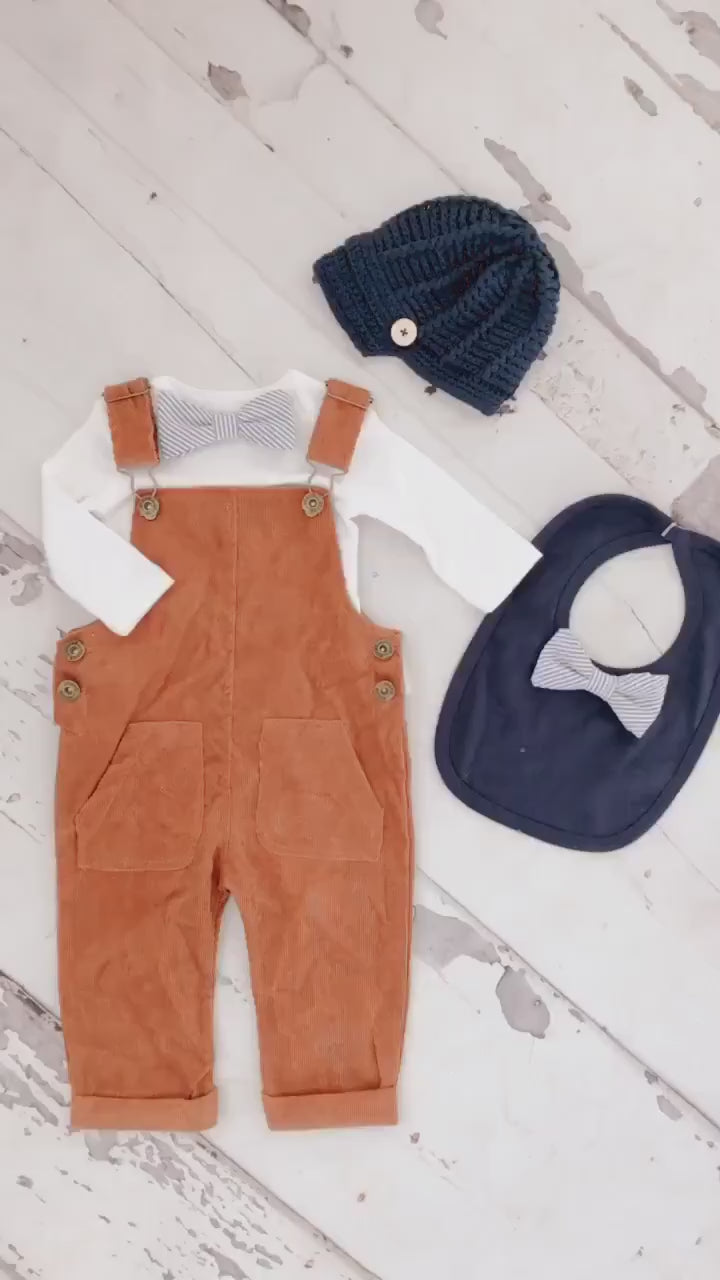 Thanksgiving Baby Boy Camel Corduroy Overalls & Seer Sucker BowTie Bodysuit 1st Birthday Newsboy Hat Pumpkin Spice Ginger Fall Autumn