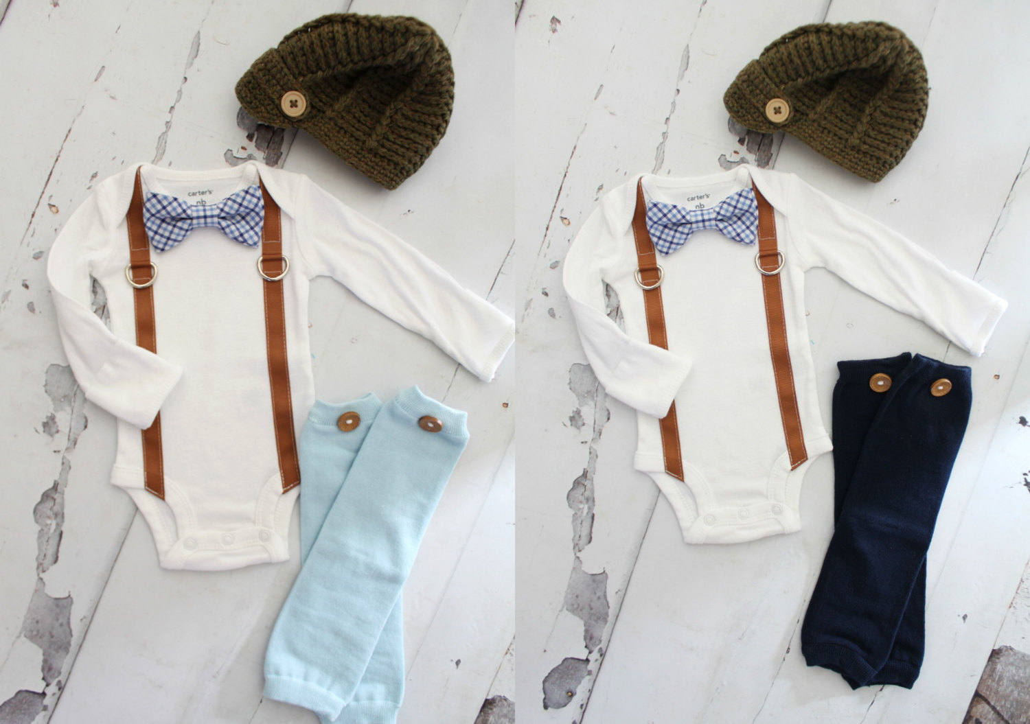 Newborn Baby Boy Coming Home Outfit Set up to 4 Items. Bow Tie & Suspender Bodysuit, Navy Blue Pants *SHORT SLEEVES available! Mother's Day