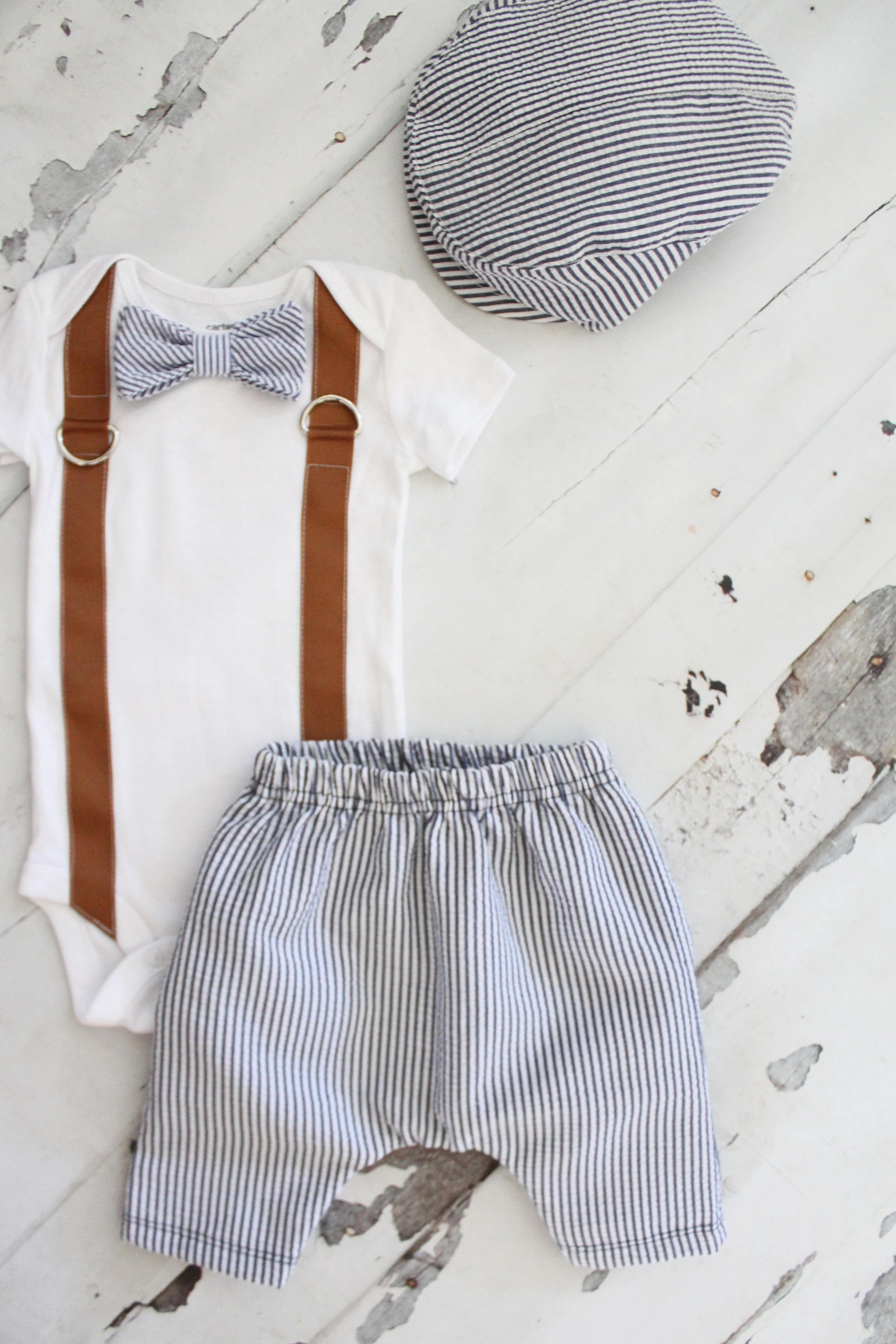 Newborn Baby Boy Coming Home Outfit Set of up to 2 Items. Bow Tie Suspender Bodysuit & Seer Sucker Newsboy Hat. Christmas Holiday Outfit