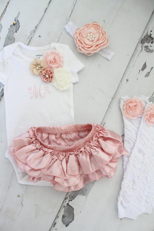 Boho Baby Girl coming Home Outfit Set up to 4 Items, Blush Ruffle Diaper Cover, Rose Leg Warmers, Monogrammed Floral Bodysuit. Christmas