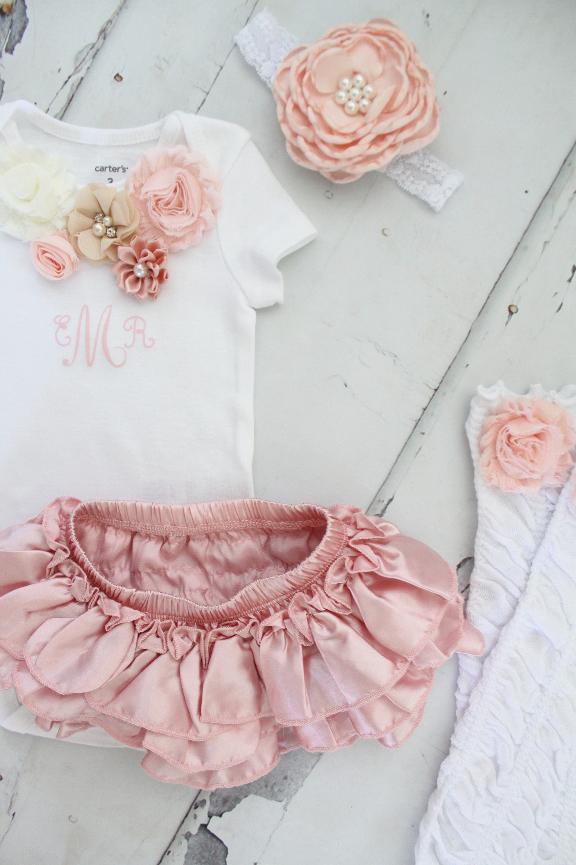 Boho Baby Girl coming Home Outfit Set up to 4 Items, Blush Ruffle Diaper Cover, Rose Leg Warmers, Monogrammed Floral Bodysuit. Christmas