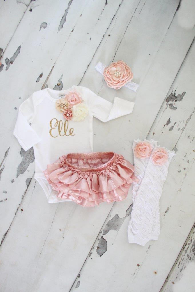 Newborn Baby Girl Coming Home Outfit Set up to 4 Items, Blush Ruffle Diaper Cover Rose Leg Warmer Personalized Floral Valentine’s Day Easter