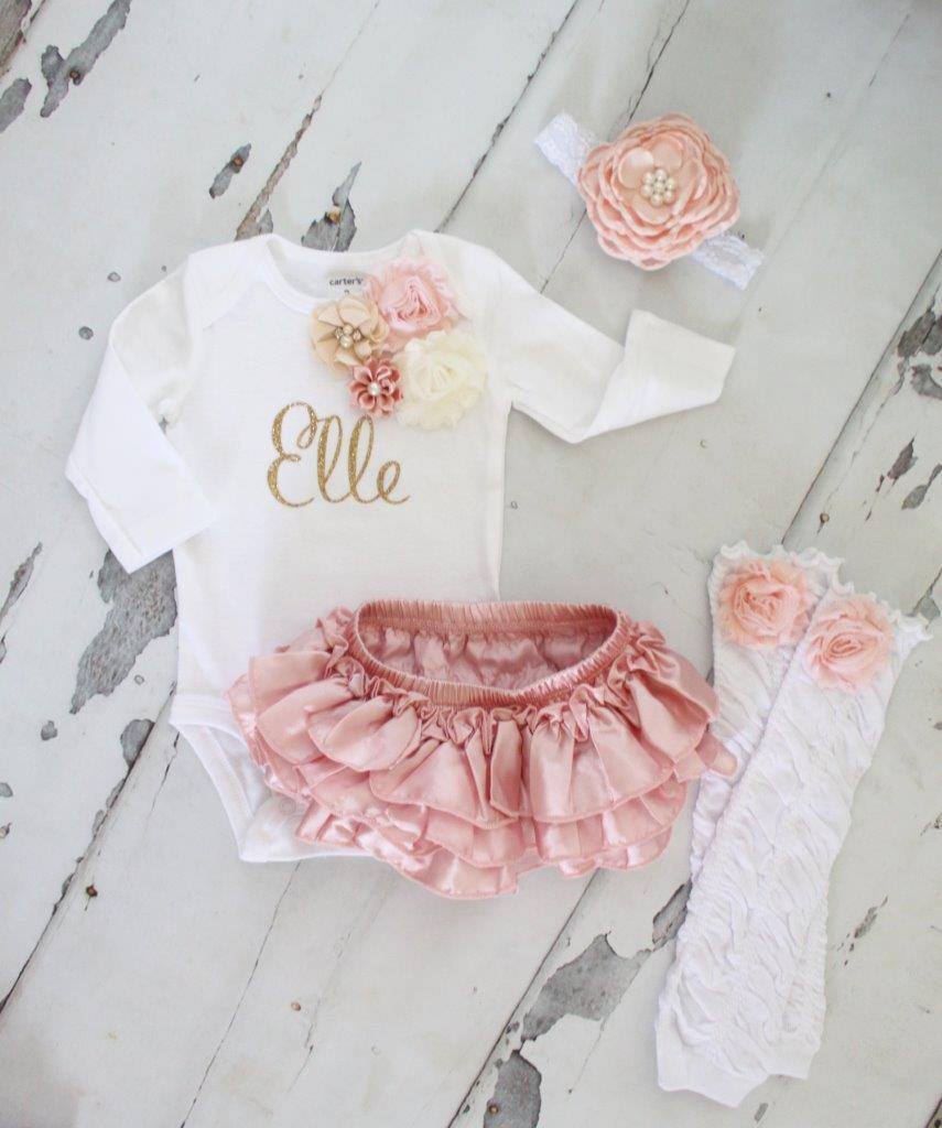 Newborn Baby Girl Coming Home Outfit Set up to 4 Items, Blush Ruffle Diaper Cover Rose Leg Warmer Personalized Floral Valentine’s Day Easter