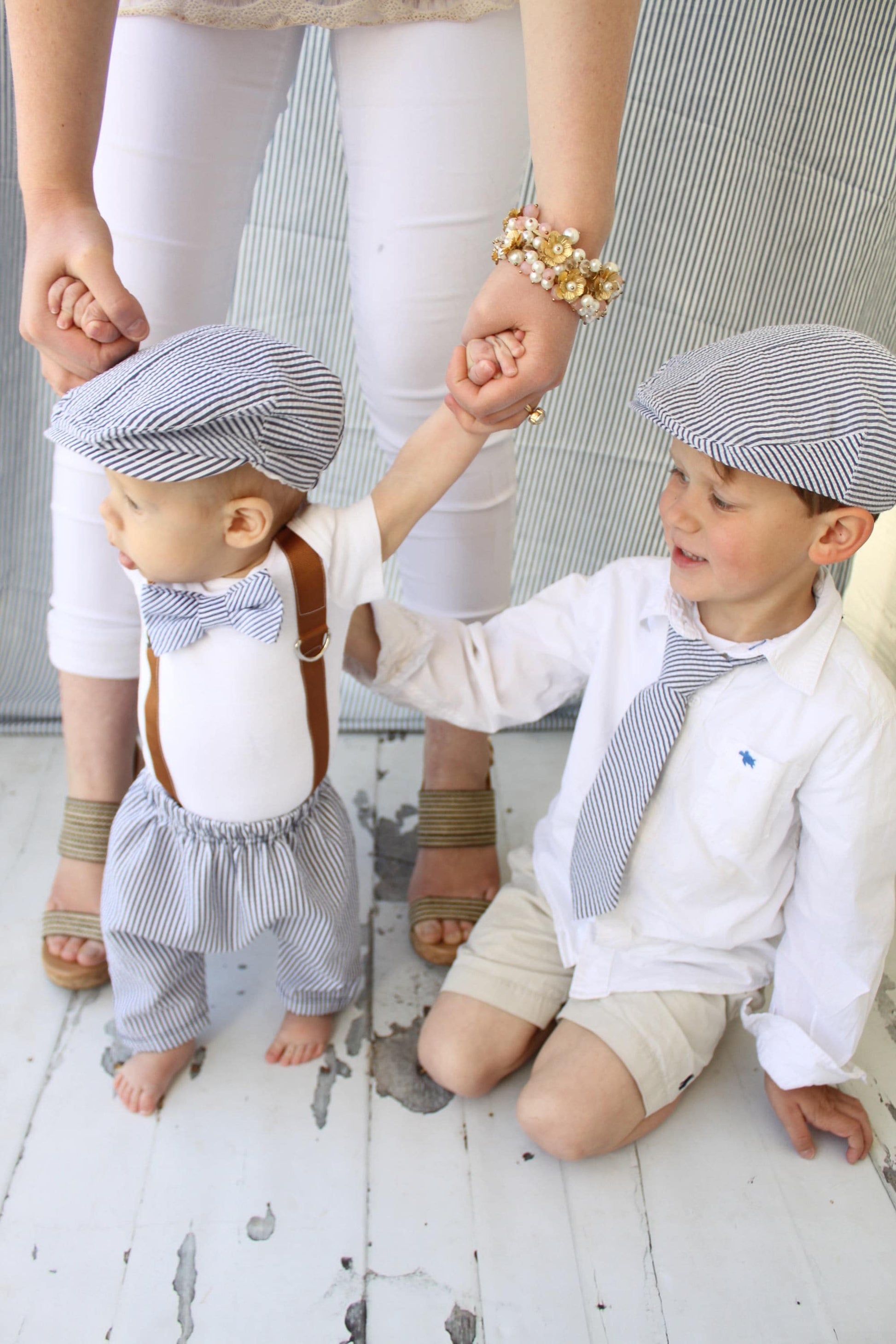 Newborn Baby Boy Coming Home Outfit Set. Seer Sucker Bow Tie Suspender Bodysuit, Knit Pants & Seer Sucker Newsboy Hat Tie Summer Holiday