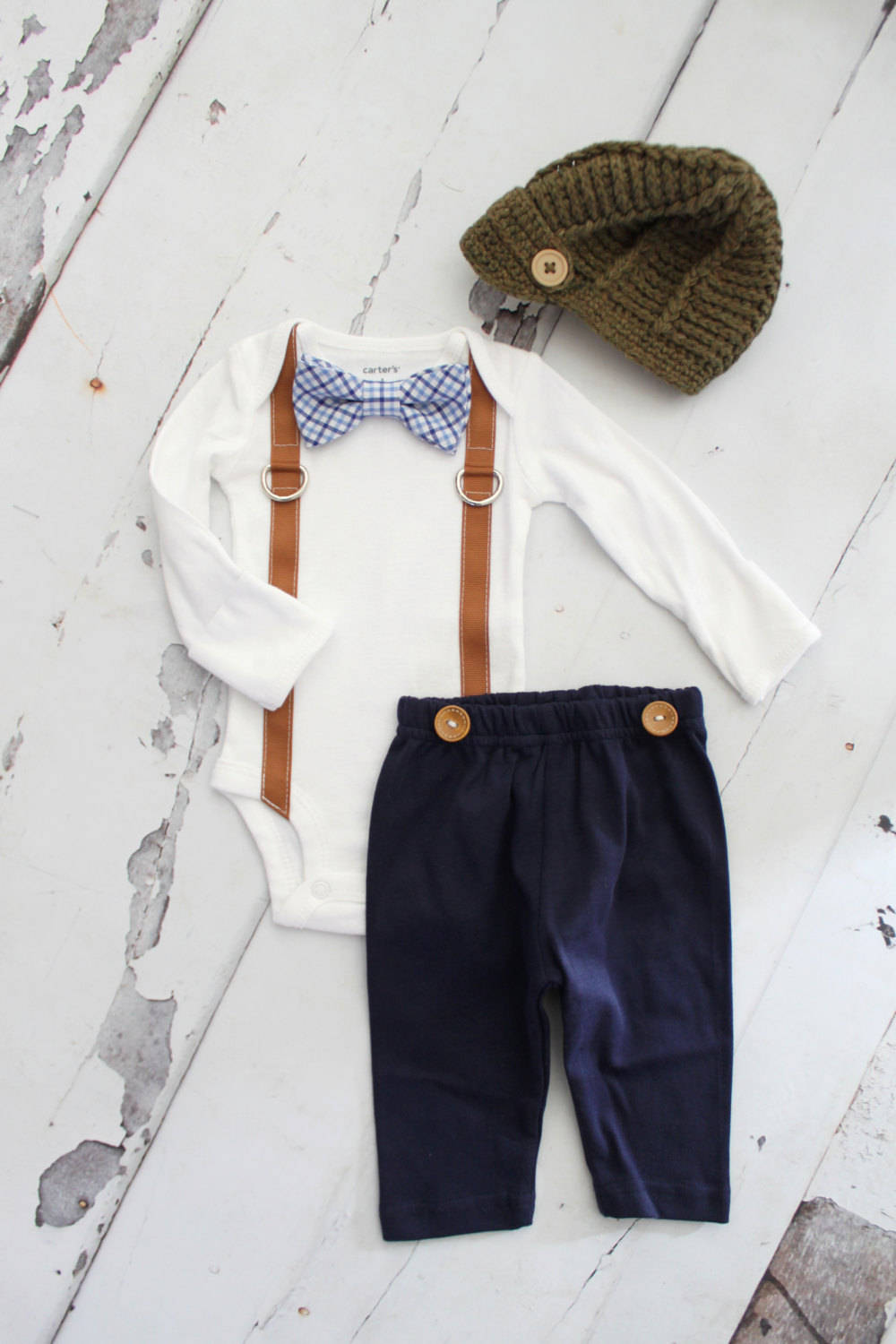 Newborn Baby Boy Coming Home Outfit Set up to 4 Items. Bow Tie & Suspender Bodysuit, Navy Blue Pants *SHORT SLEEVES available! Mother's Day