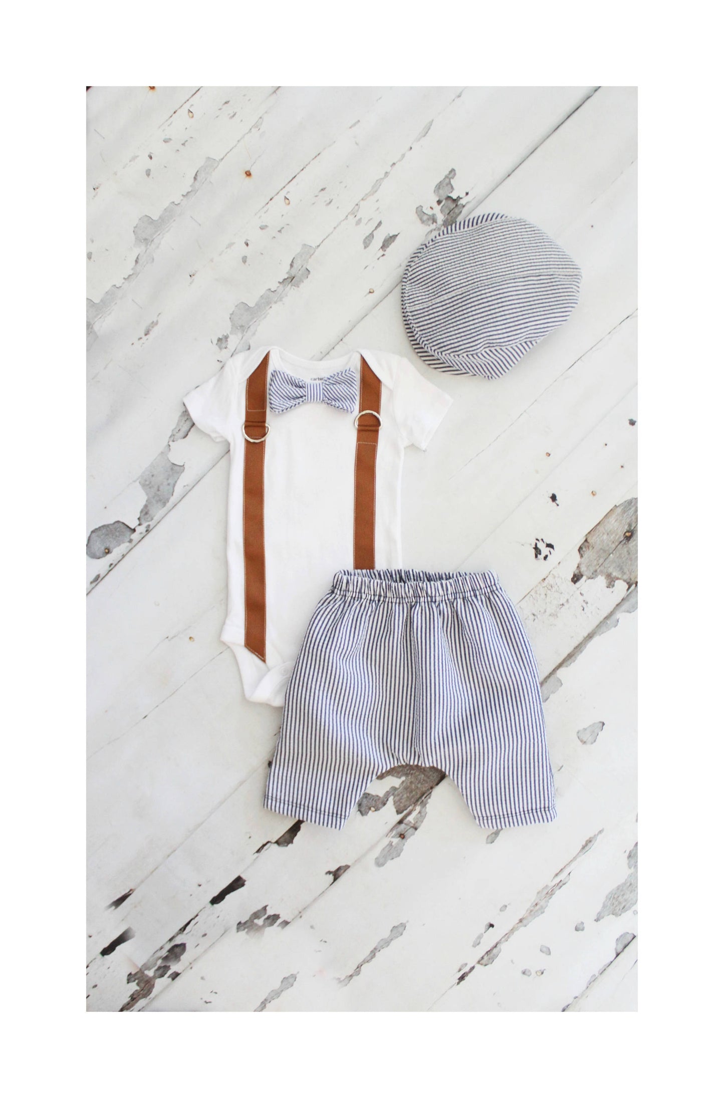 Newborn Baby Boy Coming Home Outfit Set of up to 2 Items. Bow Tie Suspender Bodysuit & Seer Sucker Newsboy Hat. Christmas Holiday Outfit