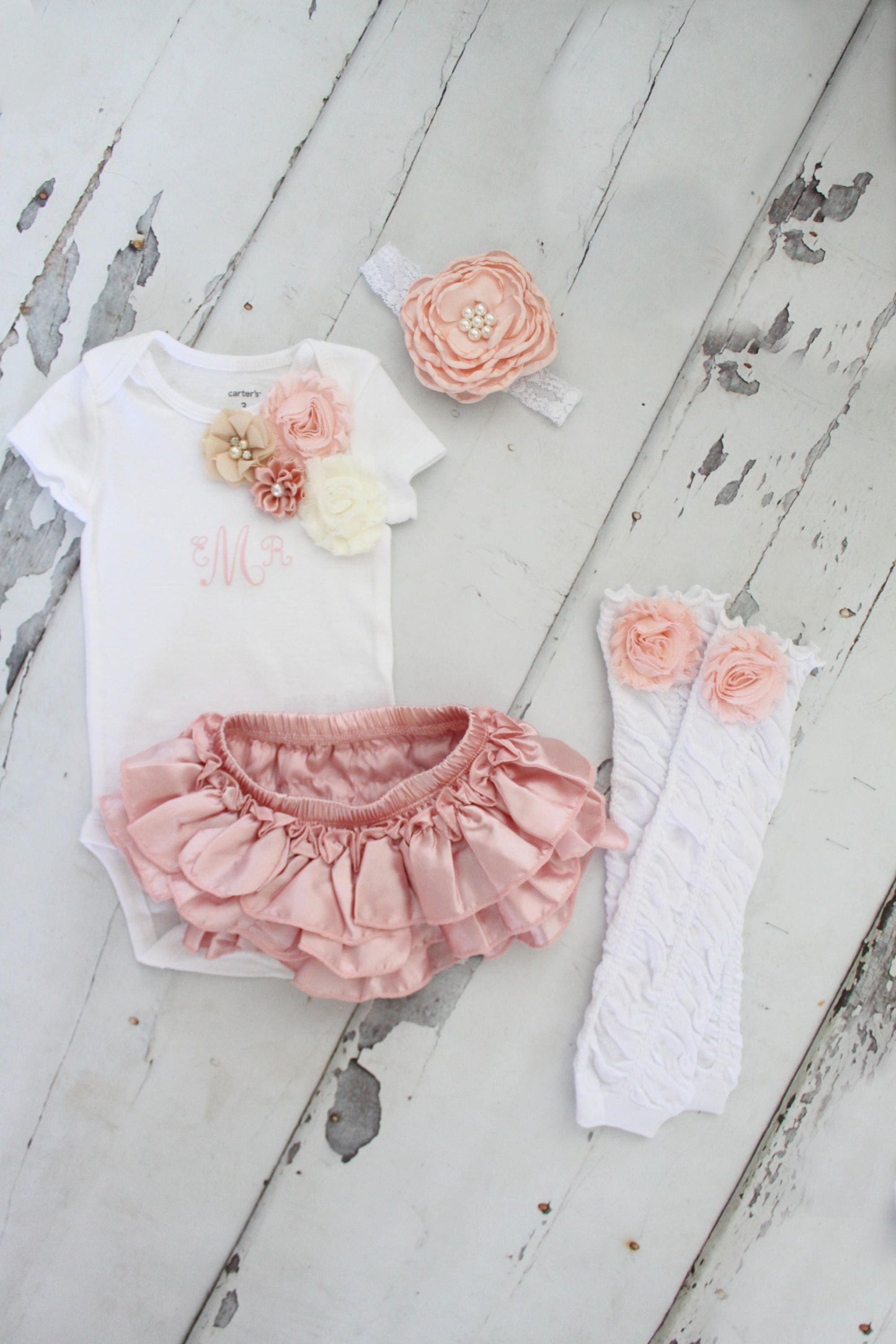 Boho Baby Girl coming Home Outfit Set up to 4 Items, Blush Ruffle Diaper Cover, Rose Leg Warmers, Monogrammed Floral Bodysuit. Christmas