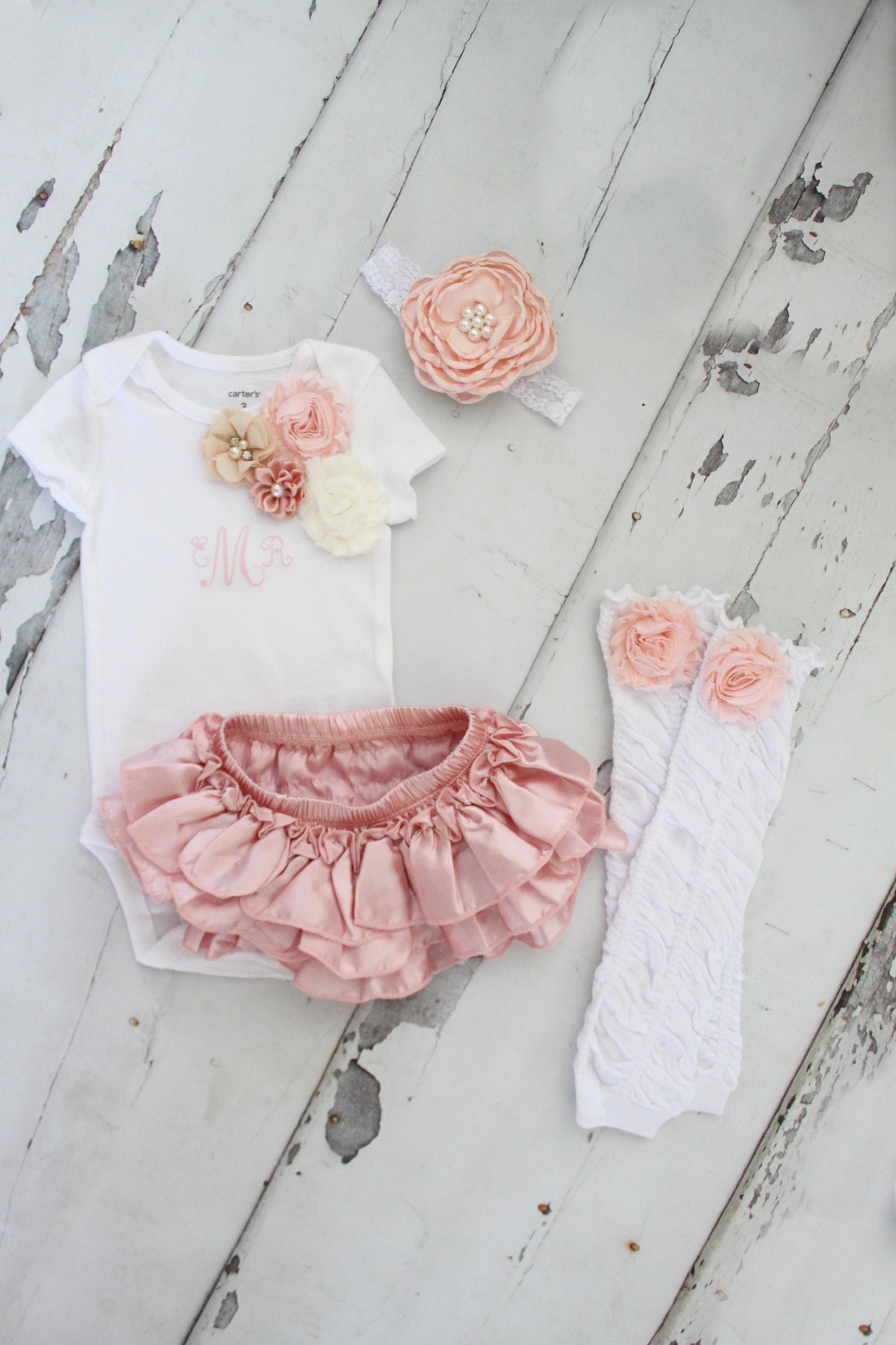 Boho Baby Girl coming Home Outfit Set up to 4 Items, Blush Ruffle Diaper Cover, Rose Leg Warmers, Monogrammed Floral Bodysuit. Christmas