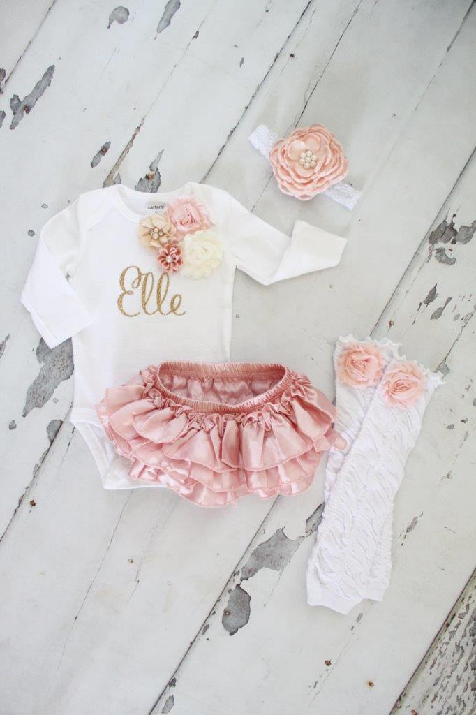 Newborn Baby Girl Coming Home Outfit Set up to 4 Items, Blush Ruffle Diaper Cover Rose Leg Warmer Personalized Floral Valentine’s Day Easter