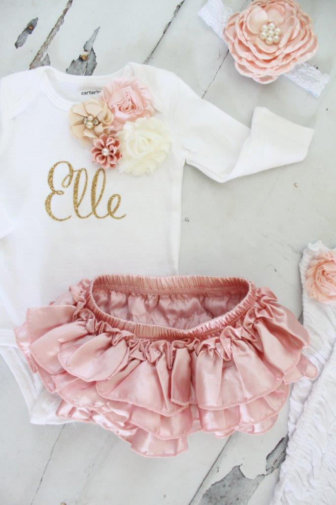 Newborn Baby Girl Coming Home Outfit Set up to 4 Items, Blush Ruffle Diaper Cover Rose Leg Warmer Personalized Floral Valentine’s Day Easter