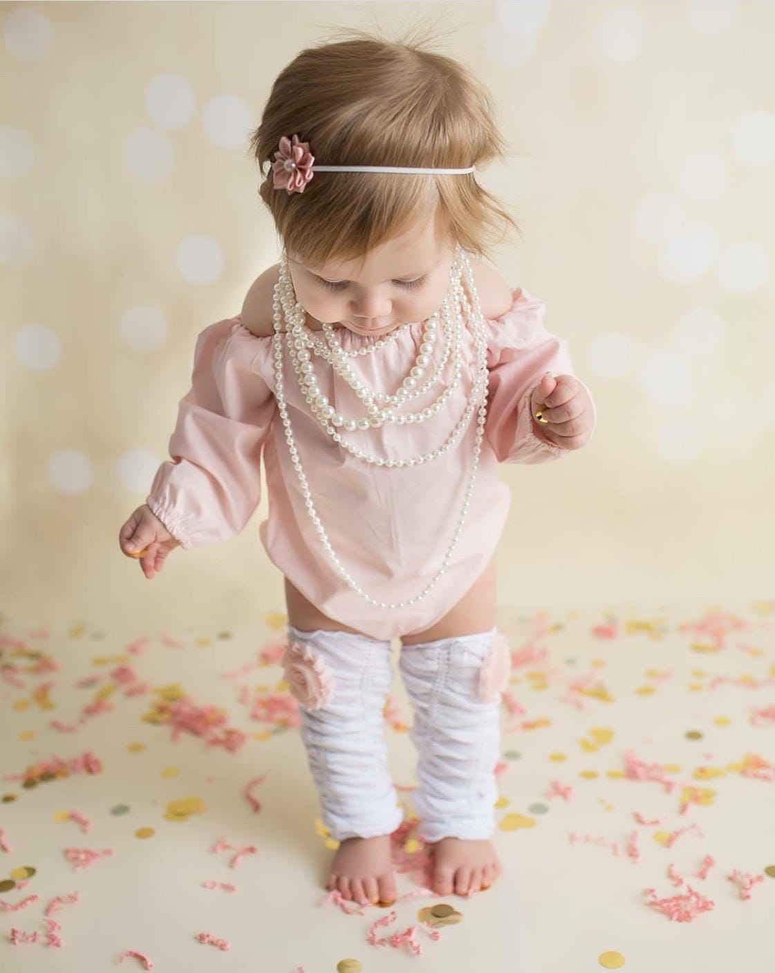 Easter Mother's Day Boho Chic Blush Pink Off the Shoulder Romper, Leg Warmers Headband. Newborn Baby Girl Coming Home Outfit, 1st Birthday