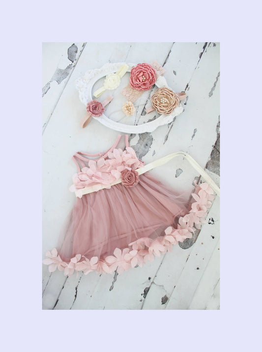 Easter Dress Lace, Velvet or Satin Rose Headband and Mauve Chiffon Petal Birthday Easter Dress w Sash. Sisters Matching, 1st Birthday