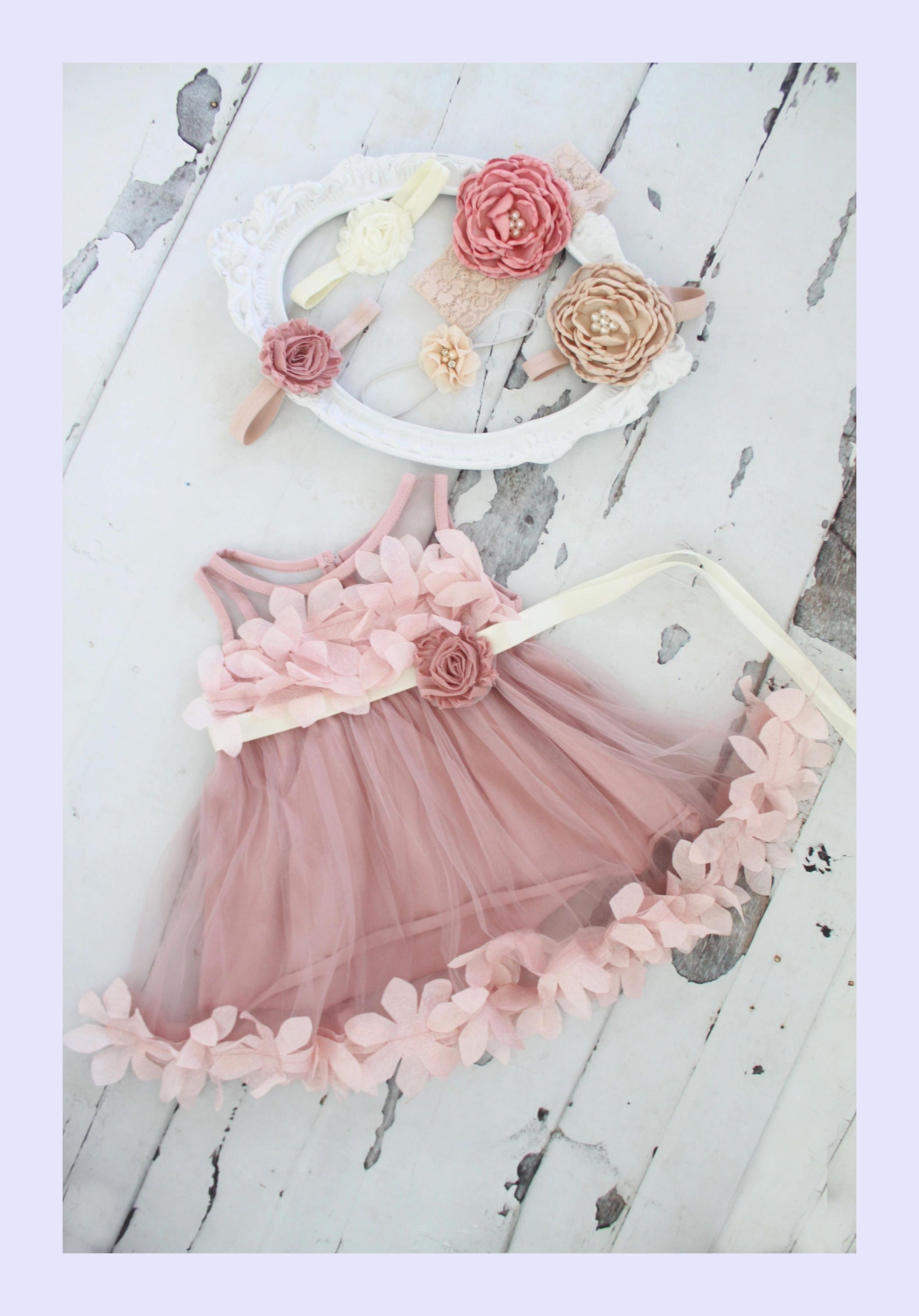 Easter Dress Lace, Velvet or Satin Rose Headband and Mauve Chiffon Petal Birthday Easter Dress w Sash. Sisters Matching, 1st Birthday