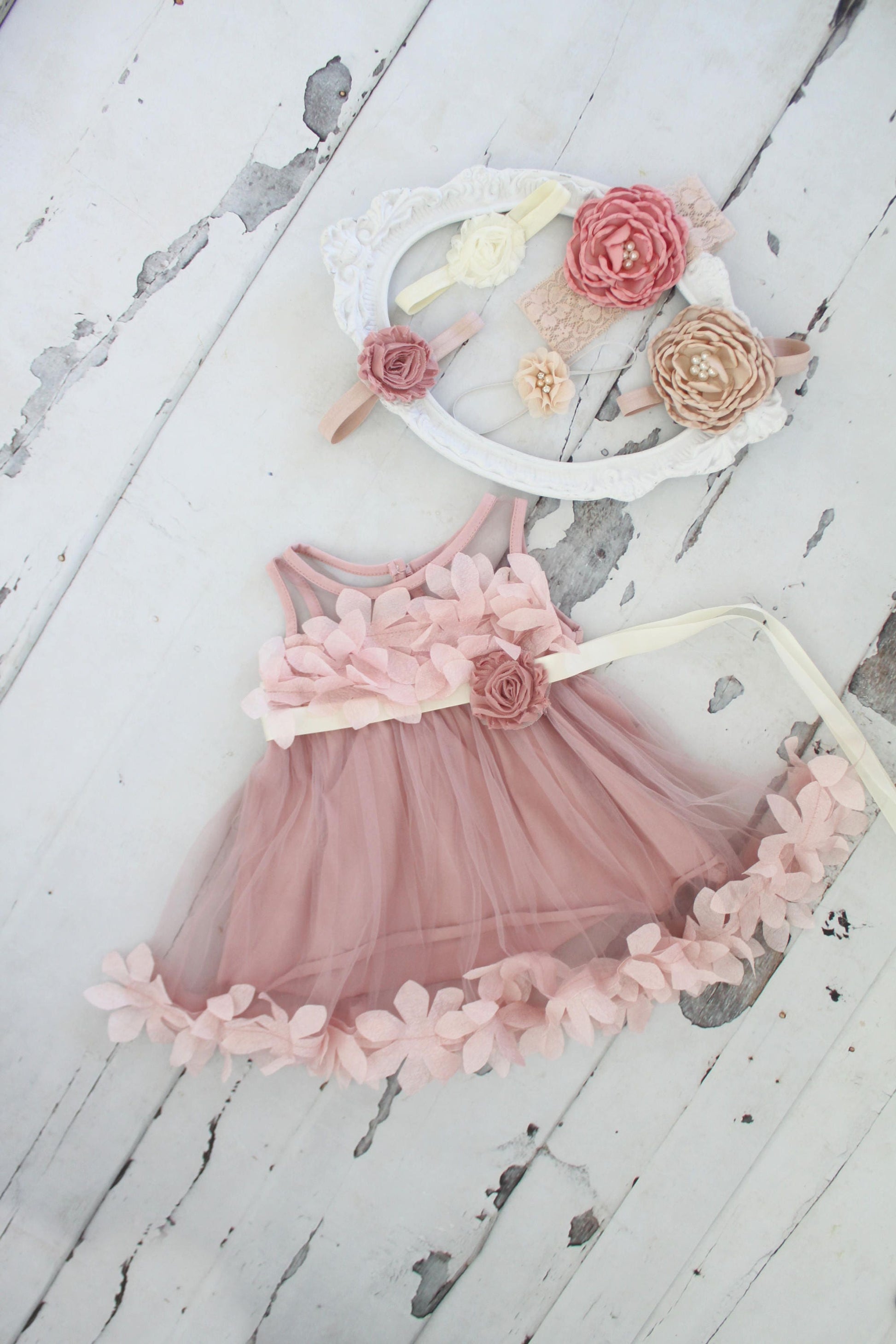 Easter Dress Lace, Velvet or Satin Rose Headband and Mauve Chiffon Petal Birthday Easter Dress w Sash. Sisters Matching, 1st Birthday