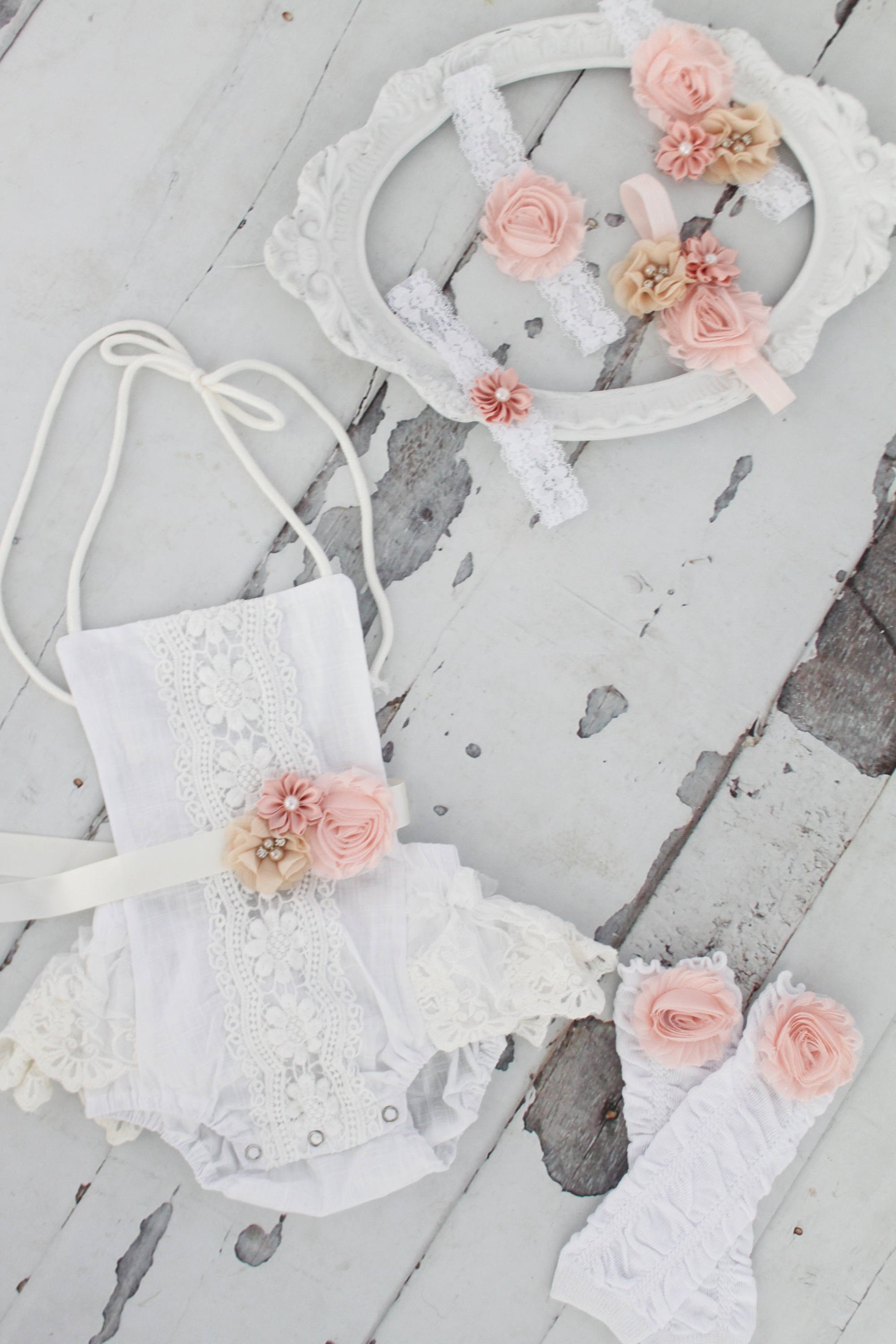 Summer Birthday Boho Chic White Lace Romper w Blush Sash & Headband. Newborn Baby Girl Coming Home Outfit, 1st Birthday Set Mommy me