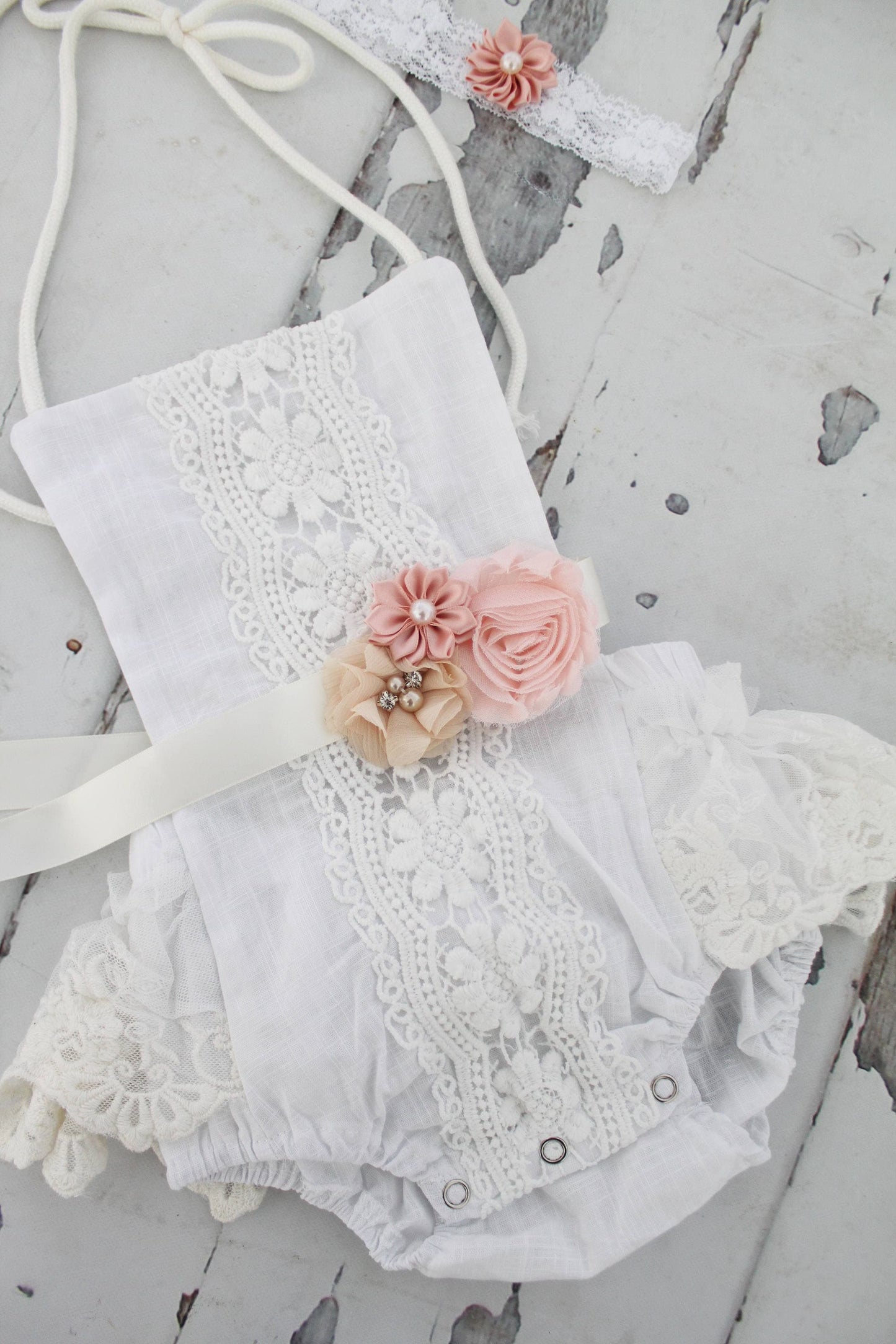 Summer Birthday Boho Chic White Lace Romper w Blush Sash & Headband. Newborn Baby Girl Coming Home Outfit, 1st Birthday Set Mommy me