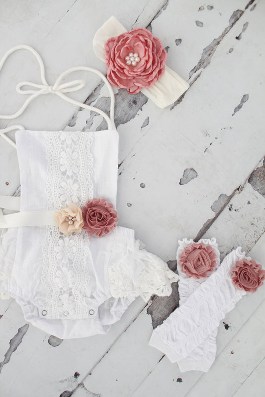 Easter Summer outfit Boho Chic White Lace Romper w Mauve Sash & Headband Newborn Baby Girl Coming Home Outfit 1st Birthday Outfit Mommy me