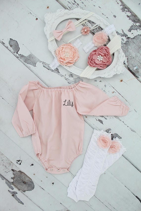 Easter & Summer Personalized Boho Chic Blush Pink Romper Leg Warmers and Headband Newborn Baby Girl Coming Home Outfit 1st Birthday Outfit