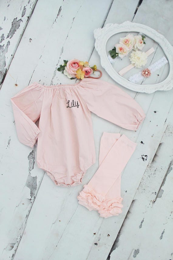 Thanksgiving Boho Chic Blush Pink Personalized Romper, Floral Crown Headband Newborn Baby Girl Coming Home Outfit 1st Birthday Mommy Me