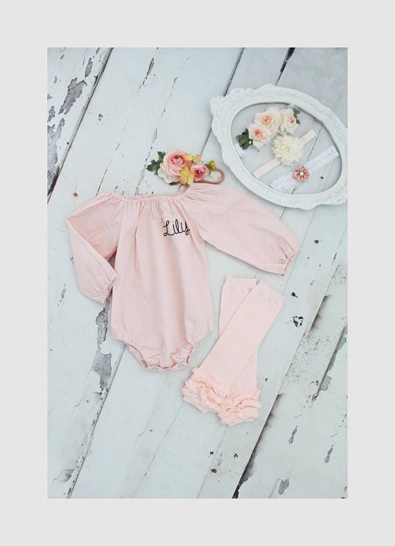 Thanksgiving Boho Chic Blush Pink Personalized Romper, Floral Crown Headband Newborn Baby Girl Coming Home Outfit 1st Birthday Mommy Me