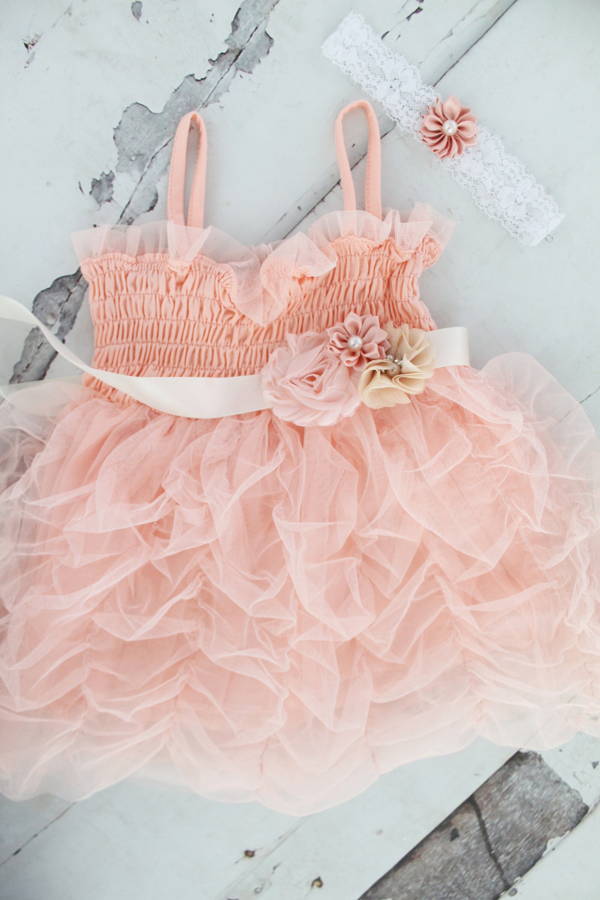 Easter Baby Girl Sweet Rouched Blush Pink Sundress Dress & Lace Rose Headband. Ruffles, Smocked, Tutu Pettiskirt Valentine’s Day dress