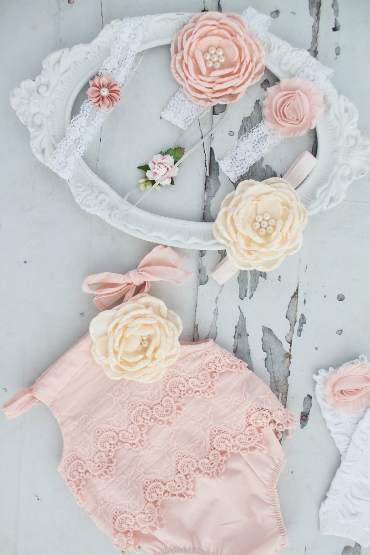 Summer Boho Chic Blush Pink Lace Romper & Headband. Newborn Baby Girl Coming Home Outfit, 1st Birthday Outfit Mommy me Baby Shower Gift Prop