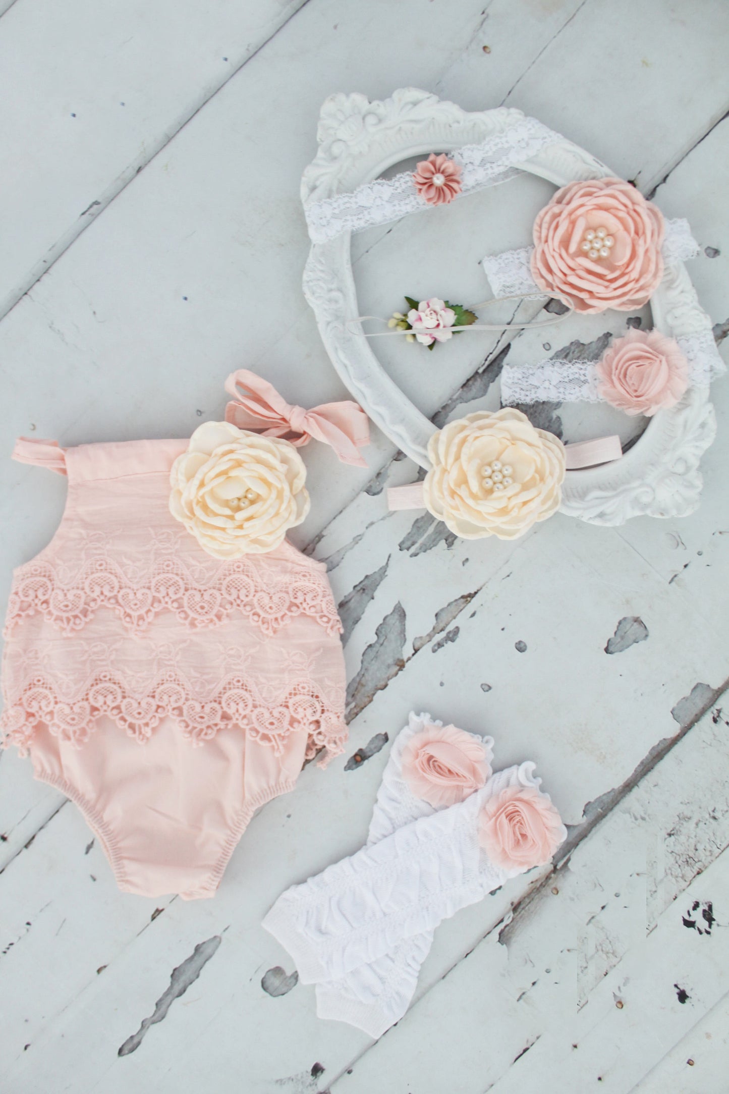 Summer Boho Chic Blush Pink Lace Romper & Headband. Newborn Baby Girl Coming Home Outfit, 1st Birthday Outfit Mommy me Baby Shower Gift Prop