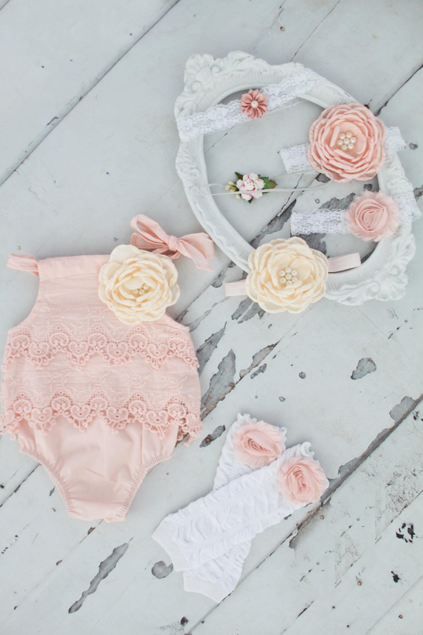 Summer Boho Chic Blush Pink Lace Romper & Headband. Newborn Baby Girl Coming Home Outfit, 1st Birthday Outfit Easter Set Mommy me