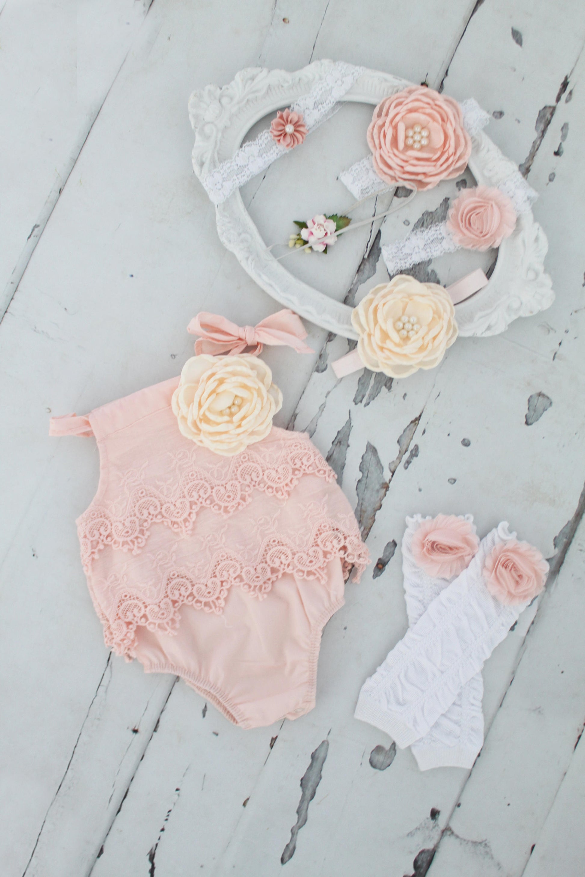 Summer Boho Chic Blush Pink Lace Romper & Headband. Newborn Baby Girl Coming Home Outfit, 1st Birthday Outfit Mommy me Baby Shower Gift Prop