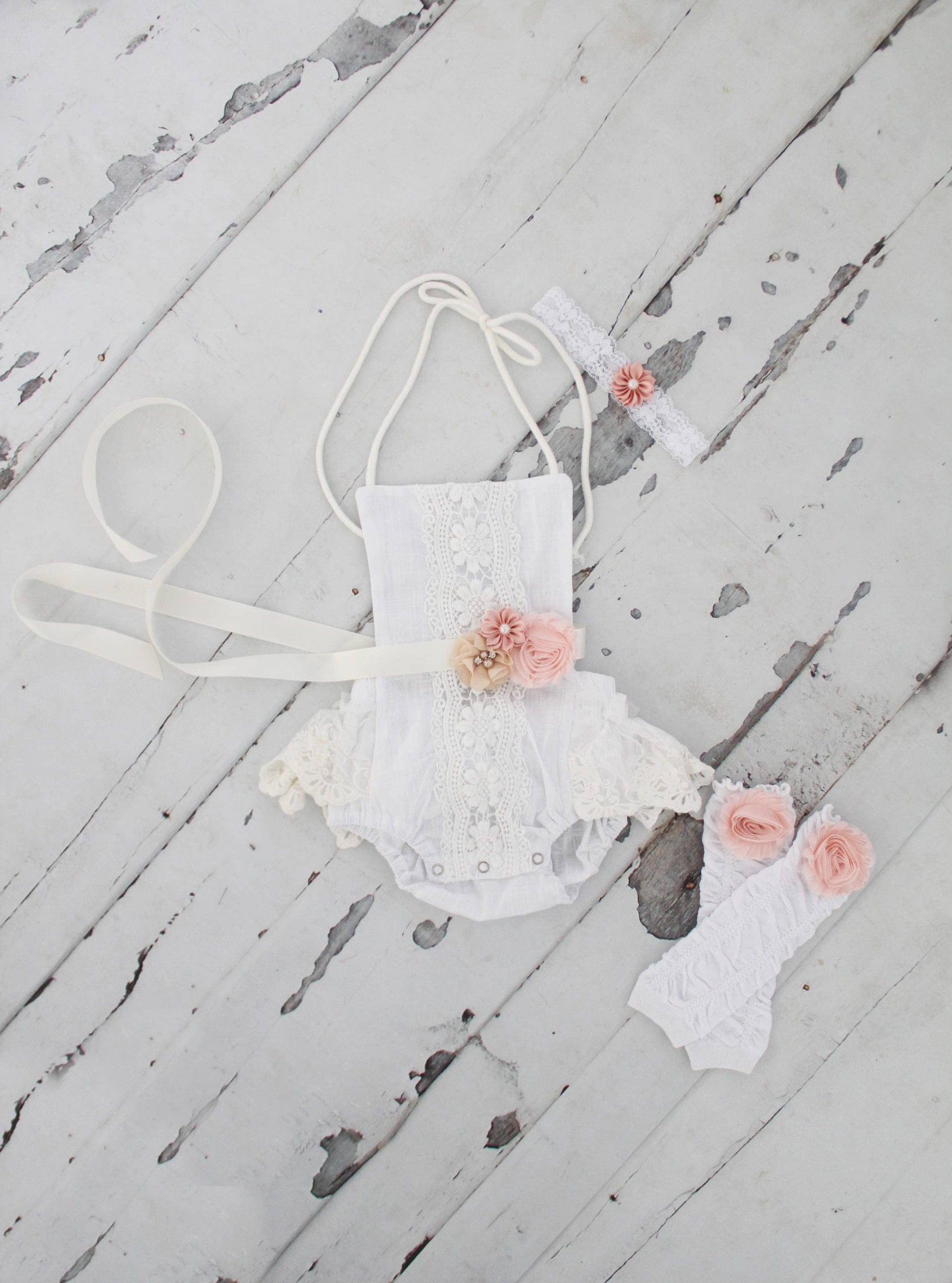 Summer Birthday Boho Chic White Lace Romper w Blush Sash & Headband. Newborn Baby Girl Coming Home Outfit, 1st Birthday Set Mommy me