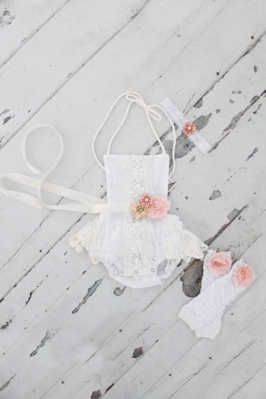 Summer Birthday Boho Chic White Lace Romper w Blush Sash & Headband. Newborn Baby Girl Coming Home Outfit, 1st Birthday Set Mommy me