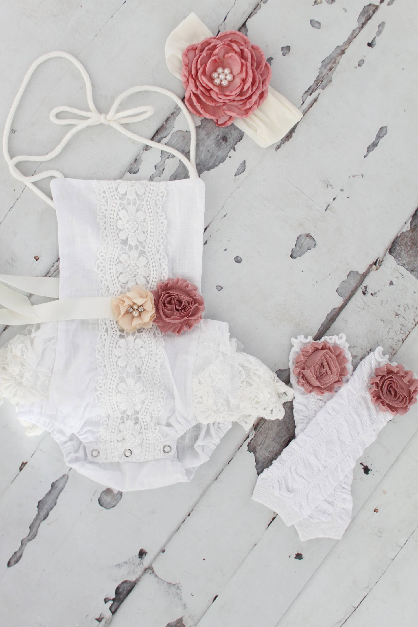 Easter Summer outfit Boho Chic White Lace Romper w Mauve Sash & Headband Newborn Baby Girl Coming Home Outfit 1st Birthday Outfit Mommy me