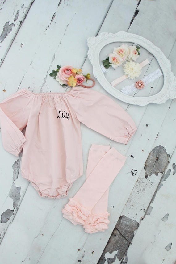 Thanksgiving Boho Chic Blush Pink Personalized Romper, Floral Crown Headband Newborn Baby Girl Coming Home Outfit 1st Birthday Mommy Me