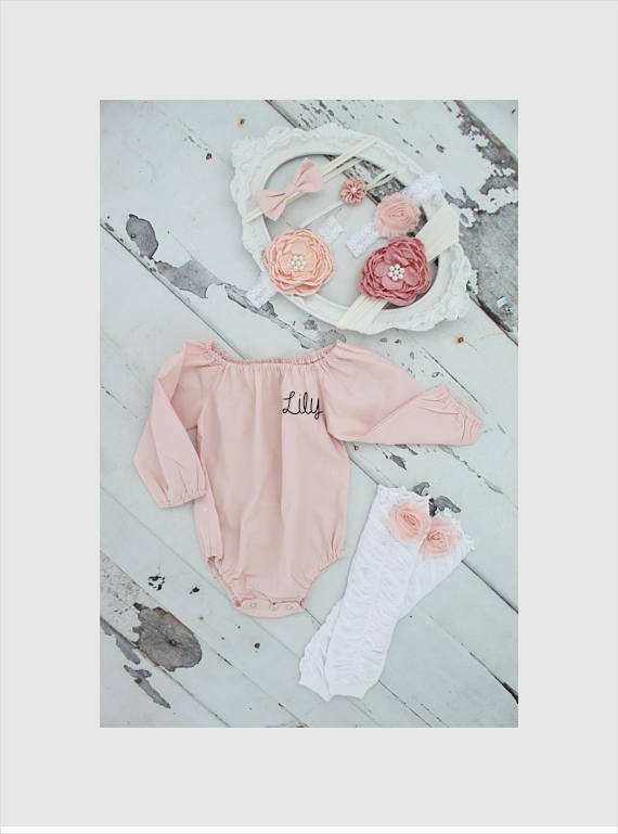 Personalized Easter Boho Blush Pink Off the Shoulder Romper Leg Warmers & Headband. Newborn Baby Girl Coming Home Outfit, 1st Birthday