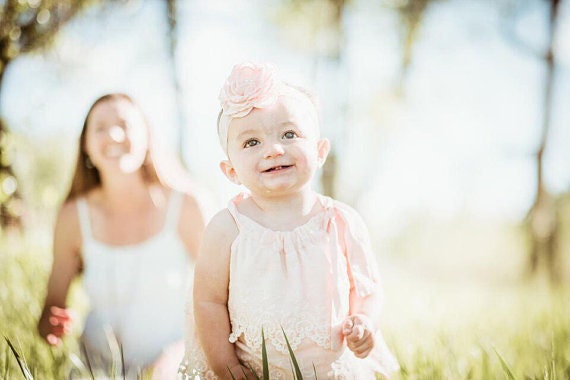 Summer Boho Chic Blush Pink Lace Romper & Headband. Newborn Baby Girl Coming Home Outfit, 1st Birthday Outfit Summer Set Mommy me