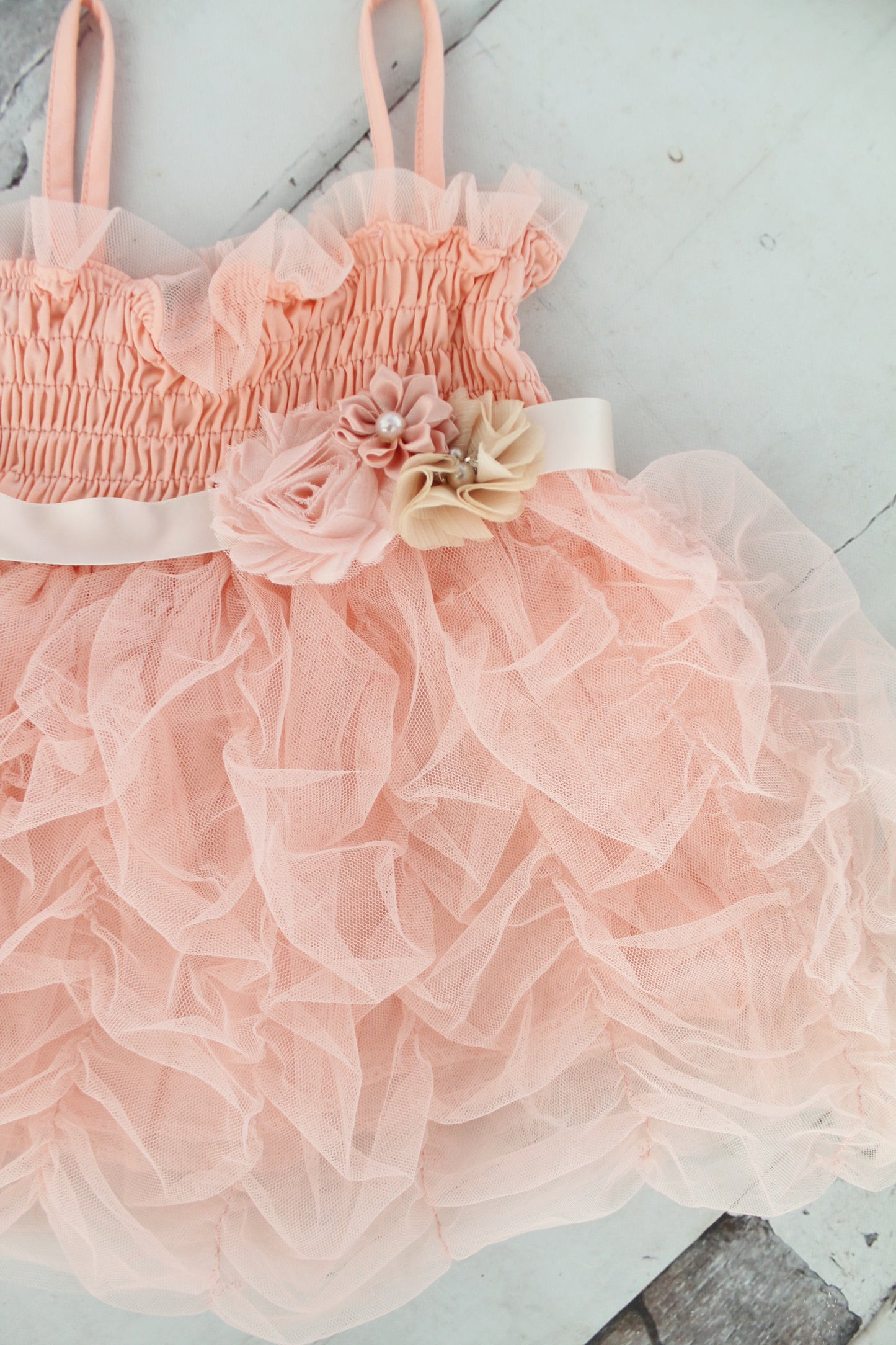 Valentine's Day Boho Baby Girl Sweet Rouched Blush Pink Tutu Tulle Dress & Lace Rose Headband. Ruffles, Smocked, Pettiskirt Easter dress