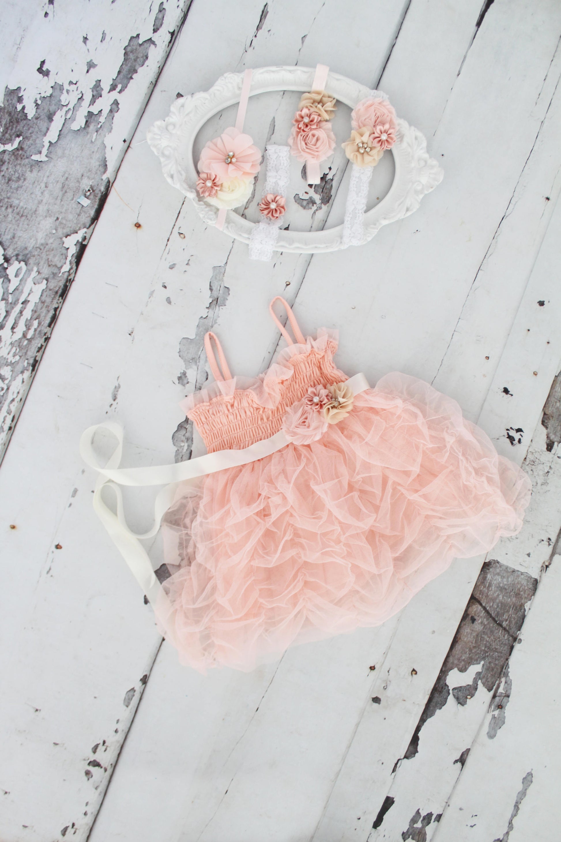 Valentine's Day Boho Baby Girl Sweet Rouched Blush Pink Tutu Tulle Dress & Lace Rose Headband. Ruffles, Smocked, Pettiskirt Easter dress