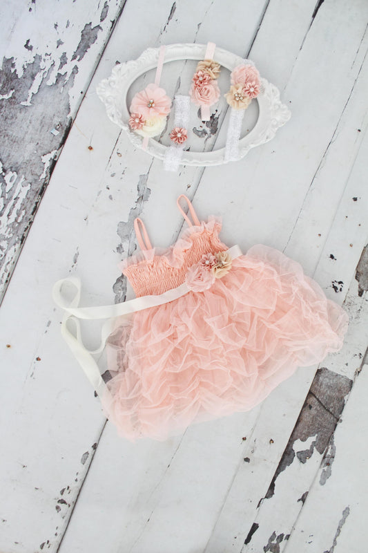 Easter Baby Girl Sweet Rouched Blush Pink Sundress Dress & Lace Rose Headband. Ruffles, Smocked, Tutu Pettiskirt Valentine’s Day dress