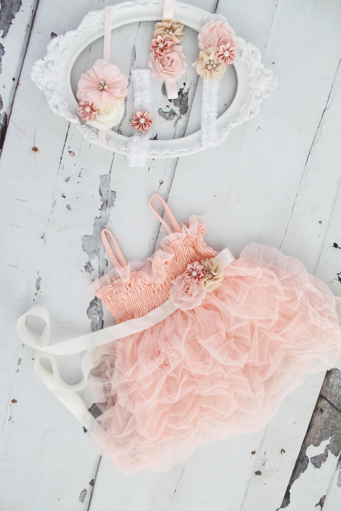 Valentine's Day Boho Baby Girl Sweet Rouched Blush Pink Tutu Tulle Dress & Lace Rose Headband. Ruffles, Smocked, Pettiskirt Easter dress