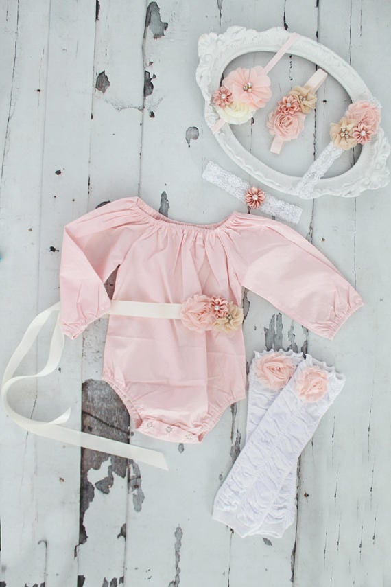 Easter Mother's Day Boho Chic Blush Pink Off the Shoulder Romper, Leg Warmers Headband. Newborn Baby Girl Coming Home Outfit, 1st Birthday