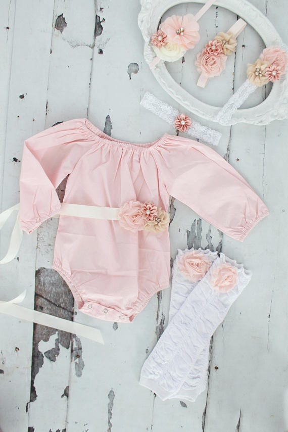 Easter Mother's Day Boho Chic Blush Pink Off the Shoulder Romper, Leg Warmers Headband. Newborn Baby Girl Coming Home Outfit, 1st Birthday