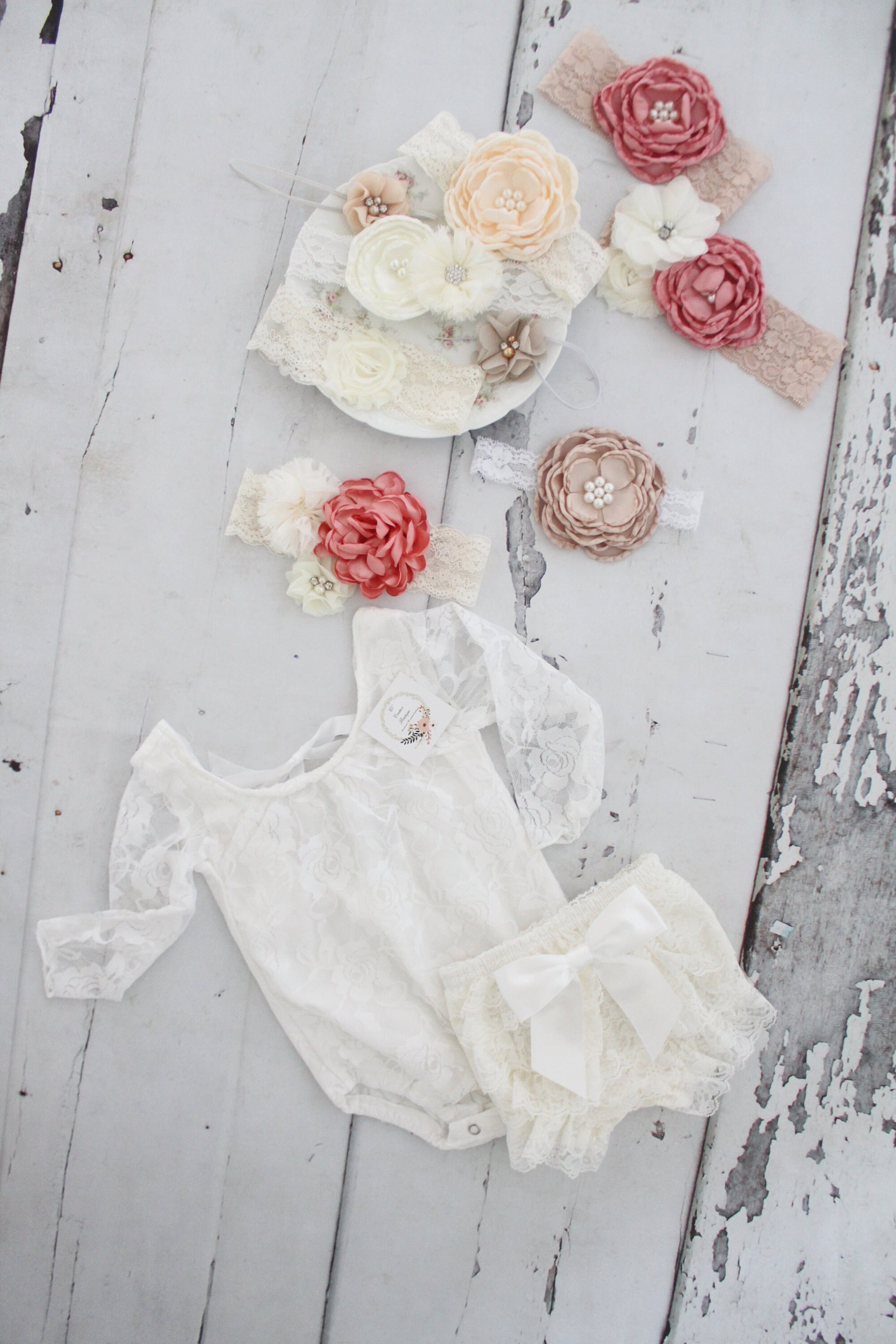 White Lace Bodysuit, Antique White Lace Diaper Cover, & Headband Baby Girl Boho Chic Lace Bodysuit Tie Back 1st Birthday Easter Mother's Day