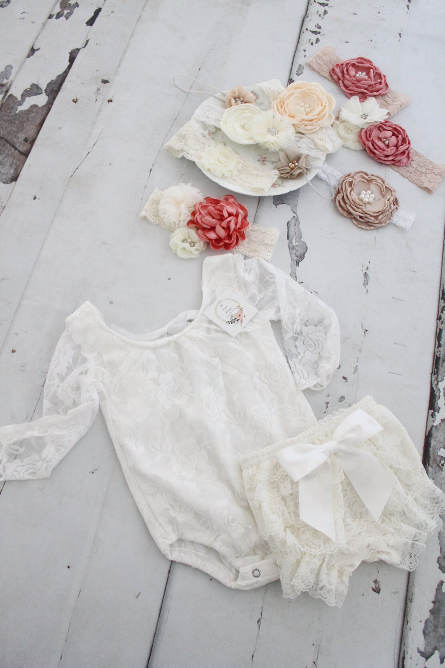 White Lace Bodysuit, Antique White Lace Diaper Cover, & Headband Baby Girl Boho Chic Lace Bodysuit Tie Back 1st Birthday Easter Mother's Day