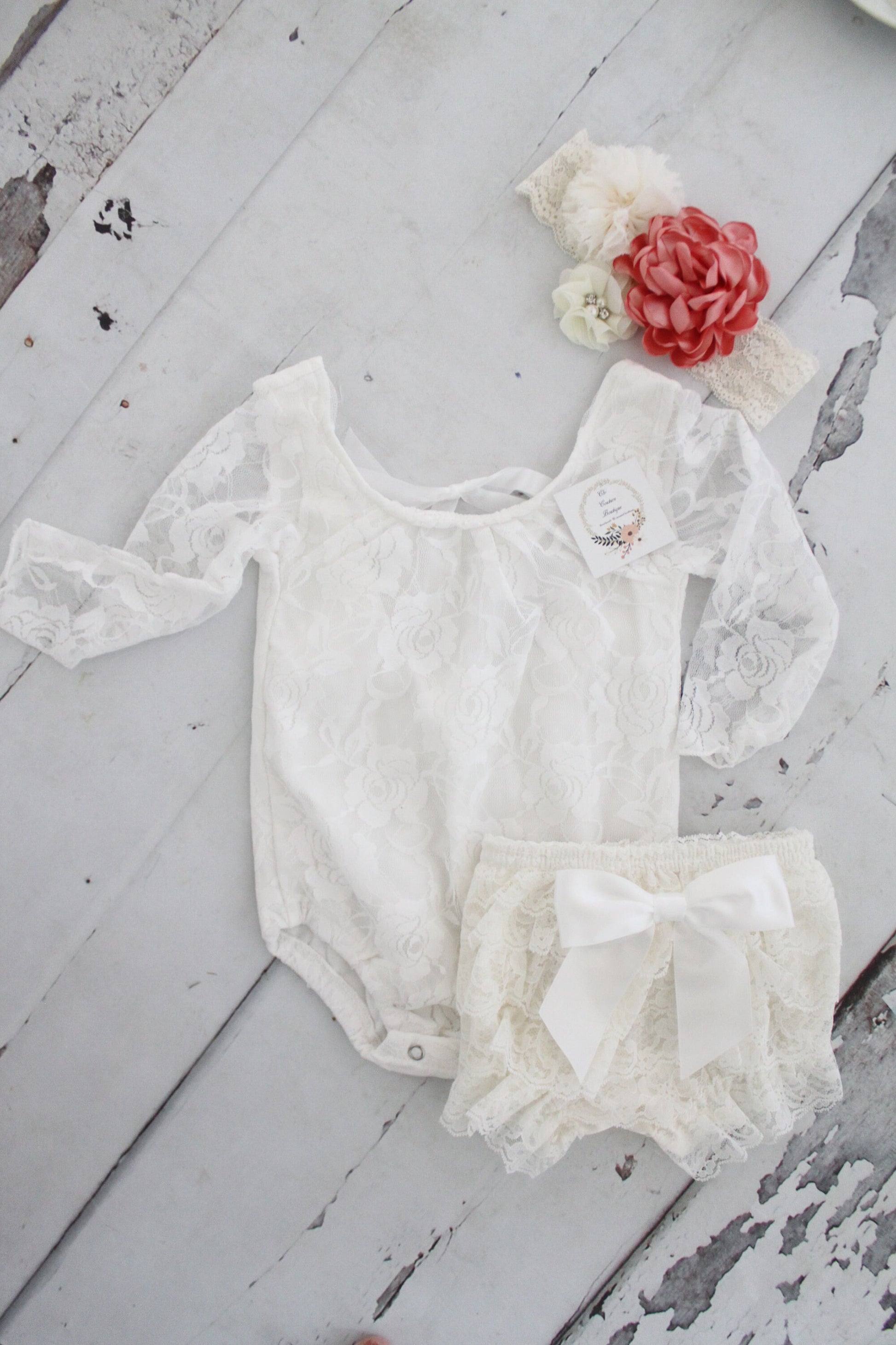 White Lace Bodysuit, Antique White Lace Diaper Cover, & Headband Baby Girl Boho Chic Lace Bodysuit Tie Back 1st Birthday Easter Mother's Day